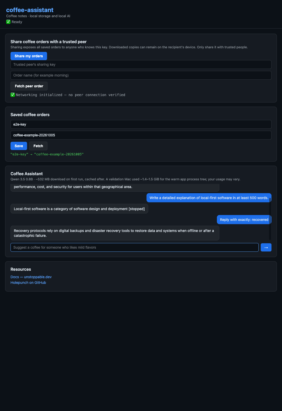 Actual Coffee Assistant app with trusted peer-sharing and saved-order controls